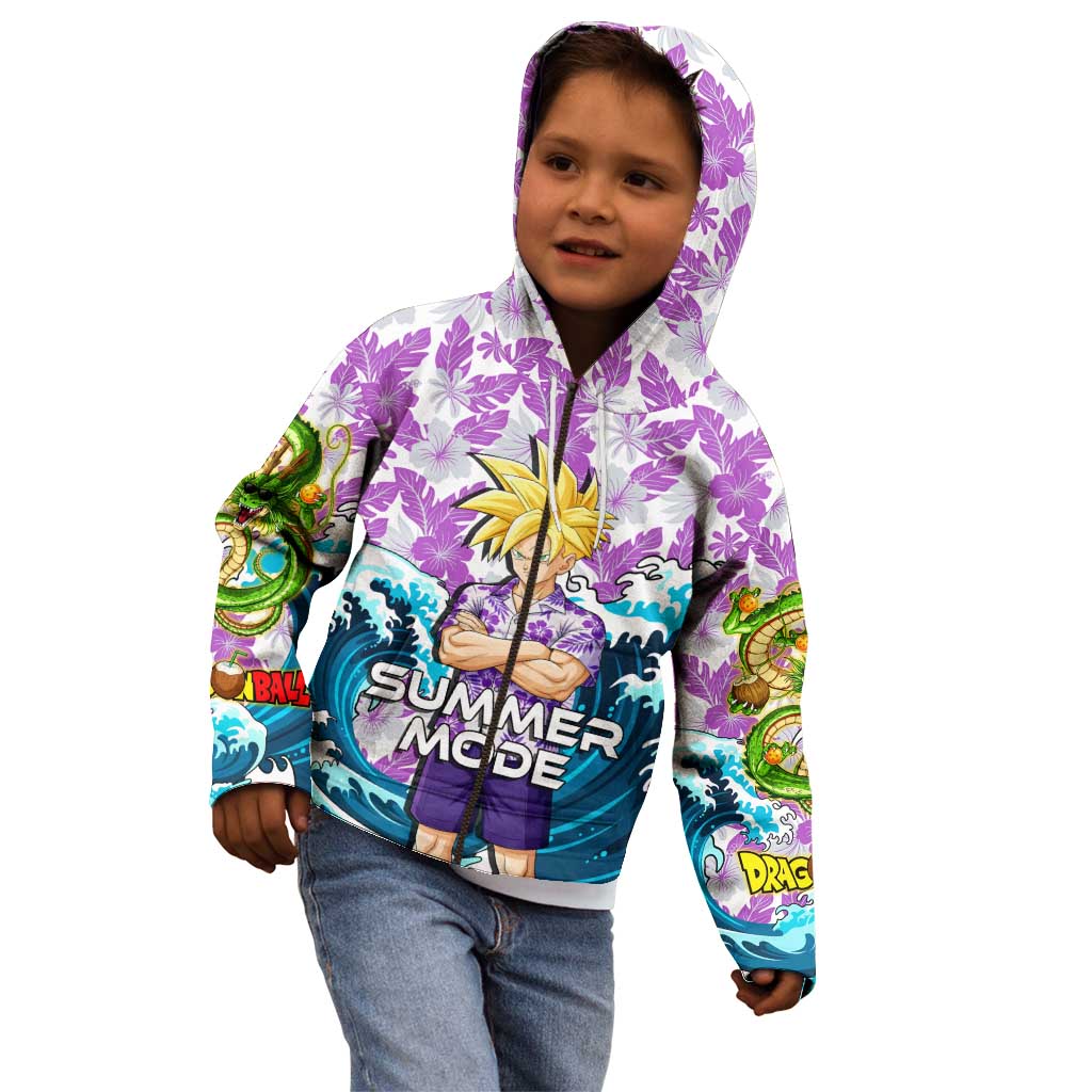 Gohan Dragon Ball Summer Theme Kid Hoodie with Tropical Floral Shirt Shenron and Ocean Wave Background - The Mazicc