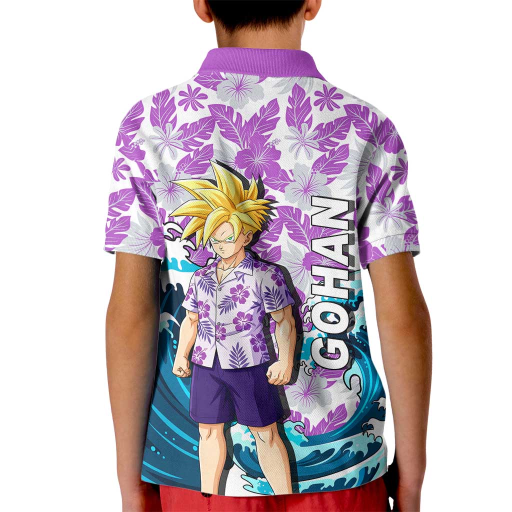 Gohan Dragon Ball Summer Theme Kid Polo Shirt with Tropical Floral Shirt Shenron and Ocean Wave Background - The Mazicc