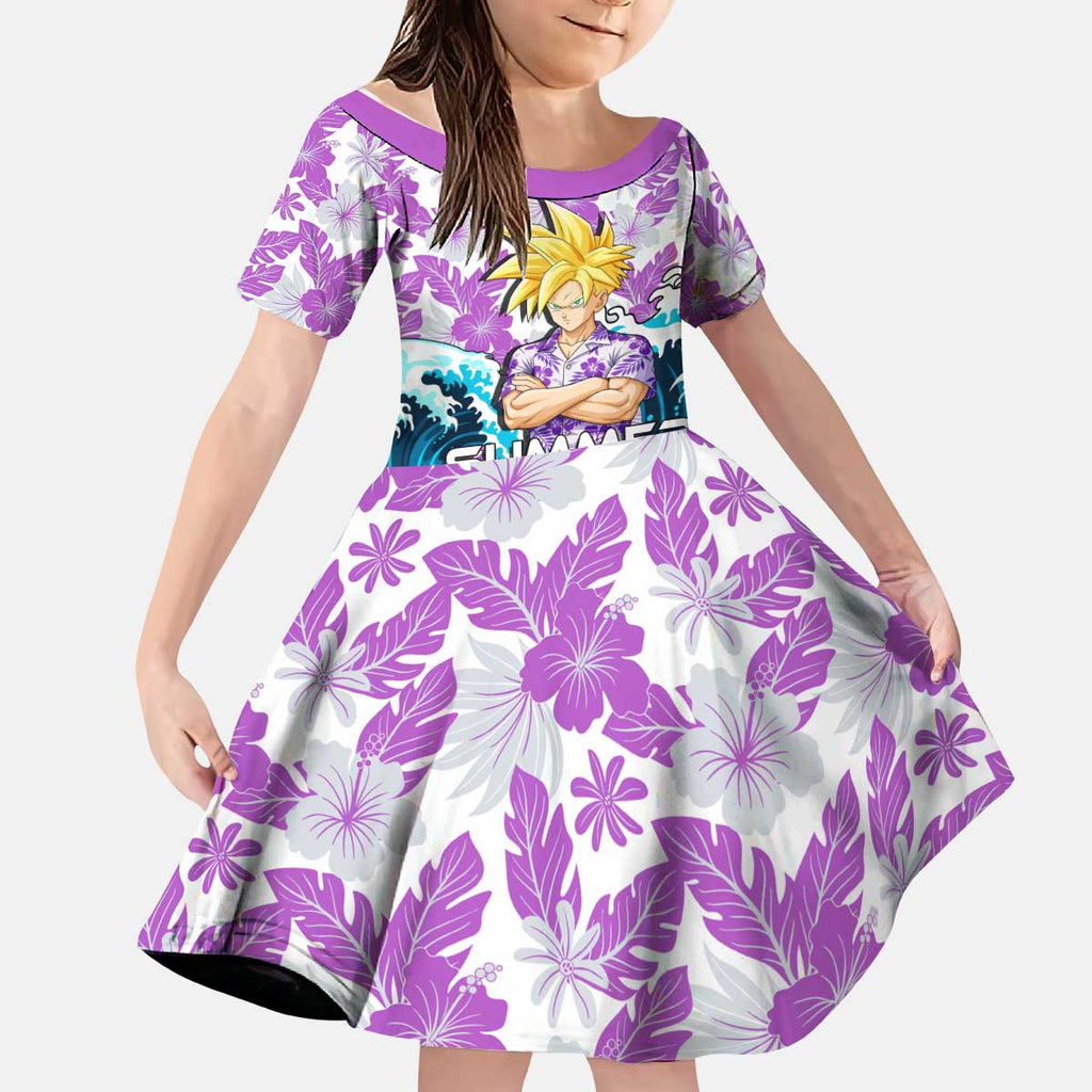Gohan Dragon Ball Summer Theme Kid Short Sleeve Dress with Tropical Floral Shirt Shenron and Ocean Wave Background - The Mazicc