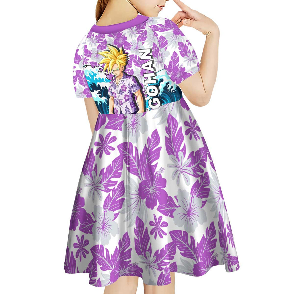 Gohan Dragon Ball Summer Theme Kid Short Sleeve Dress with Tropical Floral Shirt Shenron and Ocean Wave Background - The Mazicc