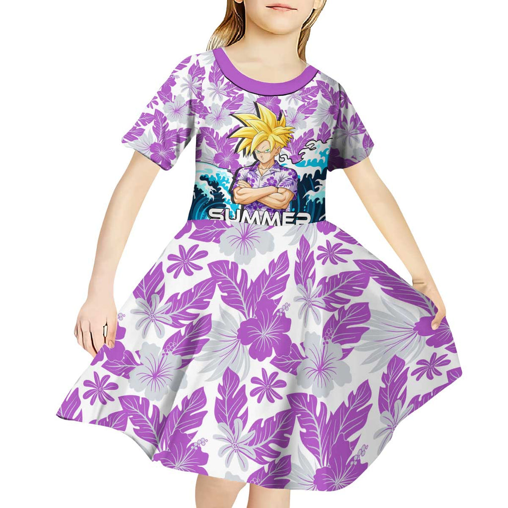 Gohan Dragon Ball Summer Theme Kid Short Sleeve Dress with Tropical Floral Shirt Shenron and Ocean Wave Background - The Mazicc