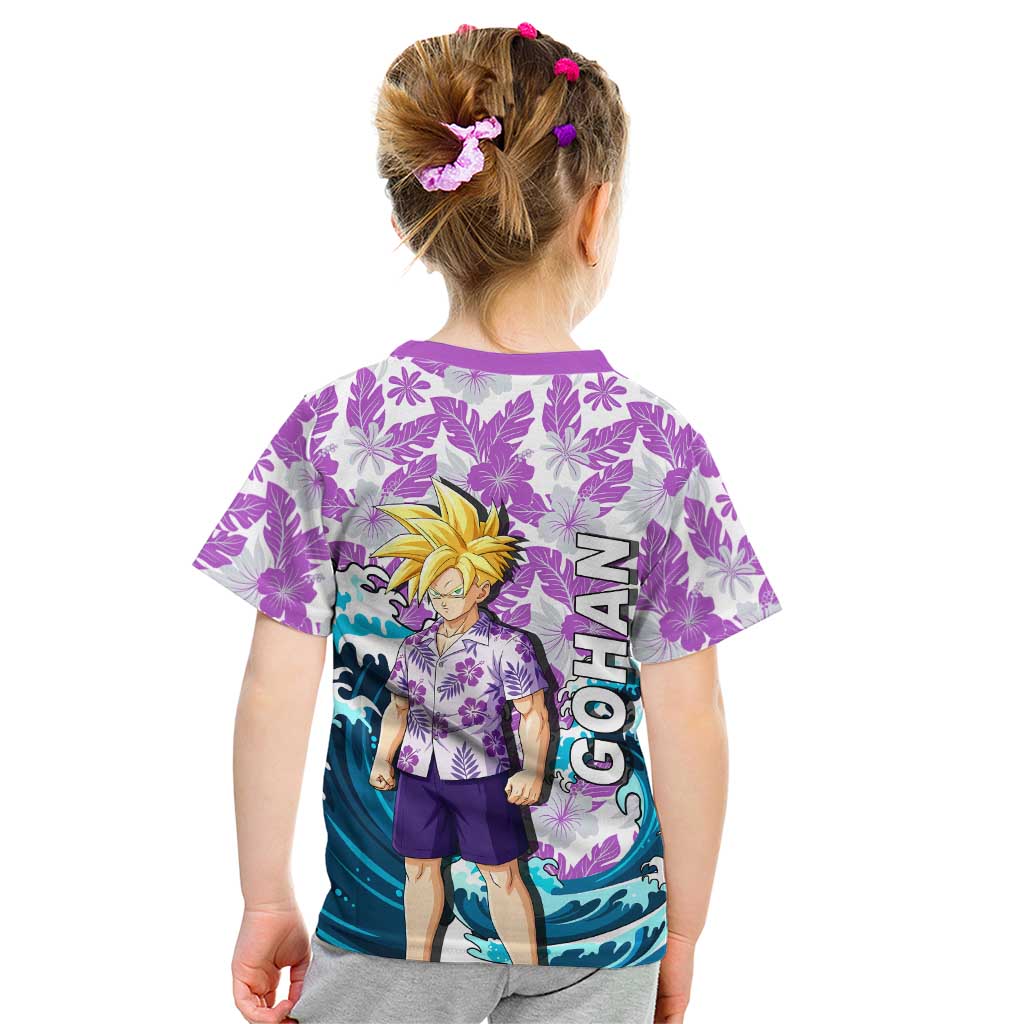 Gohan Dragon Ball Summer Theme Kid T Shirt with Tropical Floral Shirt Shenron and Ocean Wave Background - The Mazicc