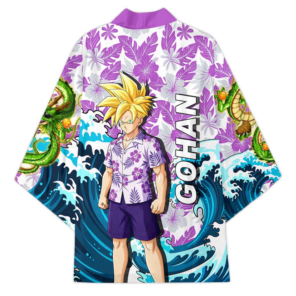 Gohan Dragon Ball Summer Theme Kimono with Tropical Floral Shirt Shenron and Ocean Wave Background - The Mazicc
