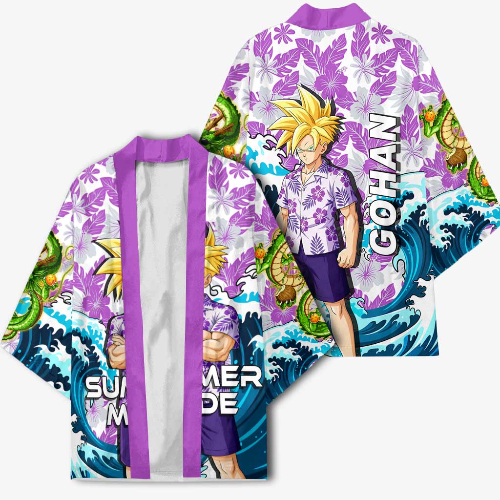 Gohan Dragon Ball Summer Theme Kimono with Tropical Floral Shirt Shenron and Ocean Wave Background - The Mazicc