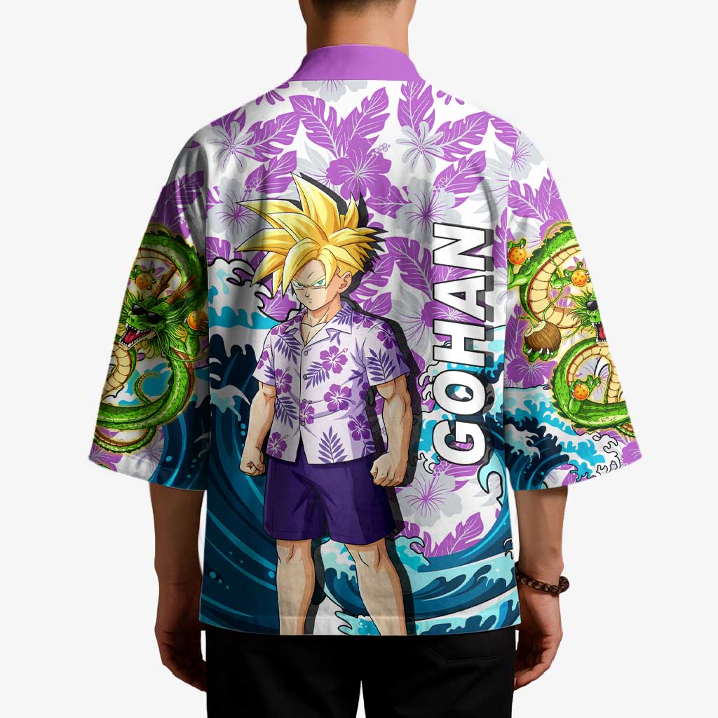 Gohan Dragon Ball Summer Theme Kimono with Tropical Floral Shirt Shenron and Ocean Wave Background - The Mazicc