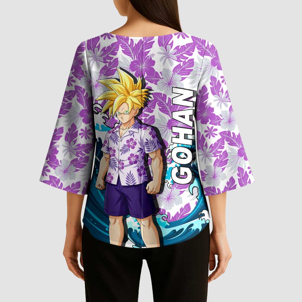 Gohan Dragon Ball Summer Theme Kimono Sleeve Blouse with Tropical Floral Shirt Shenron and Ocean Wave Background - The Mazicc