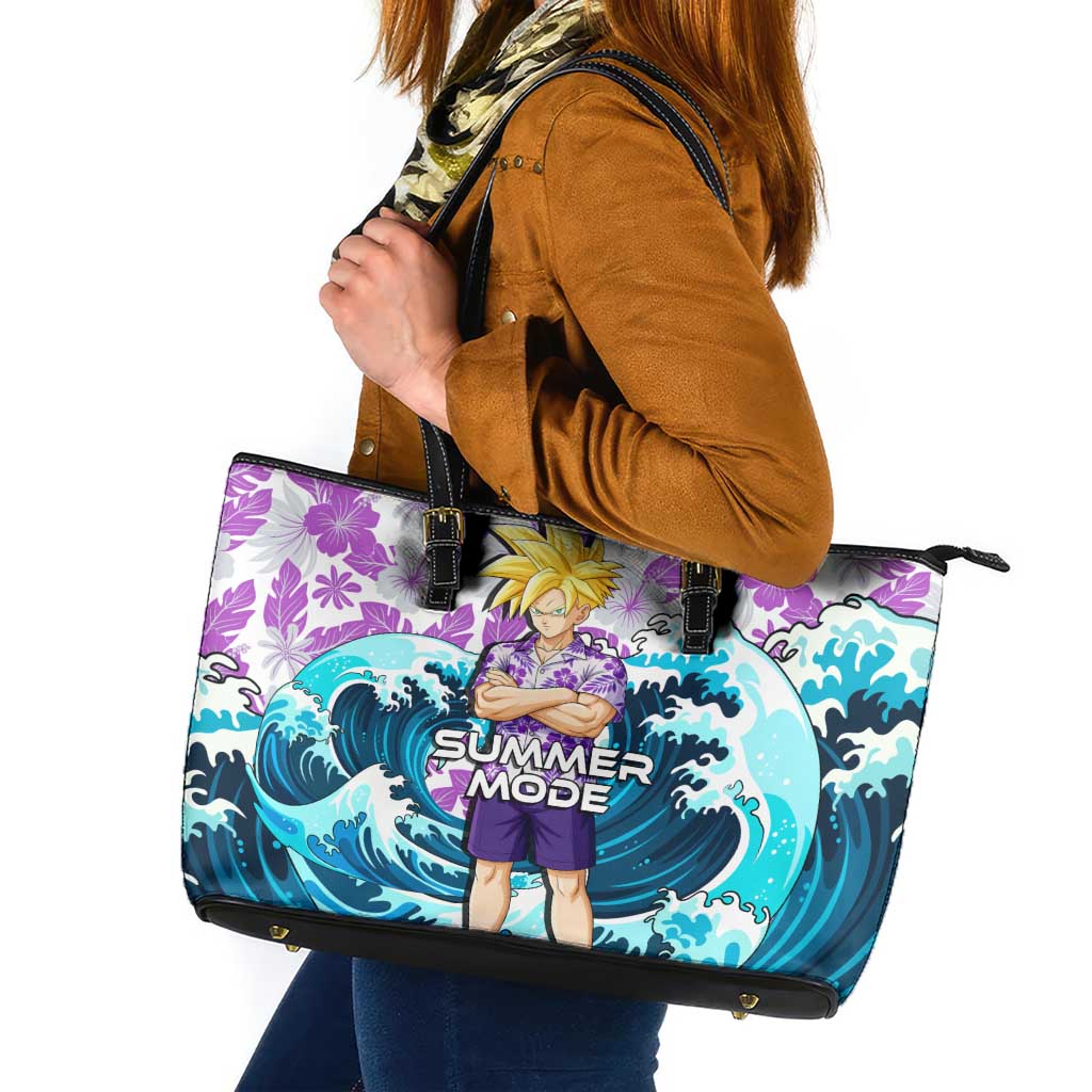 Gohan Dragon Ball Summer Theme Leather Tote Bag with Tropical Floral Shirt Shenron and Ocean Wave Background - The Mazicc