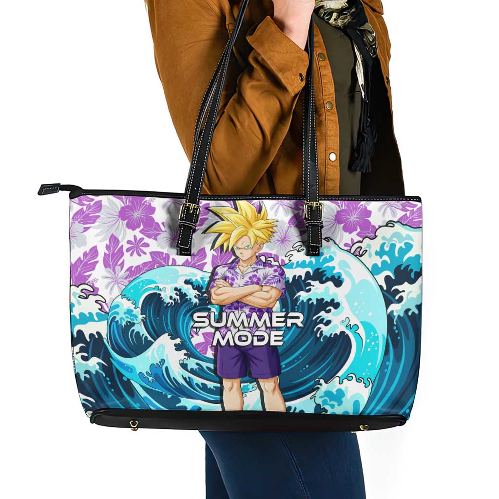 Gohan Dragon Ball Summer Theme Leather Tote Bag with Tropical Floral Shirt Shenron and Ocean Wave Background - The Mazicc