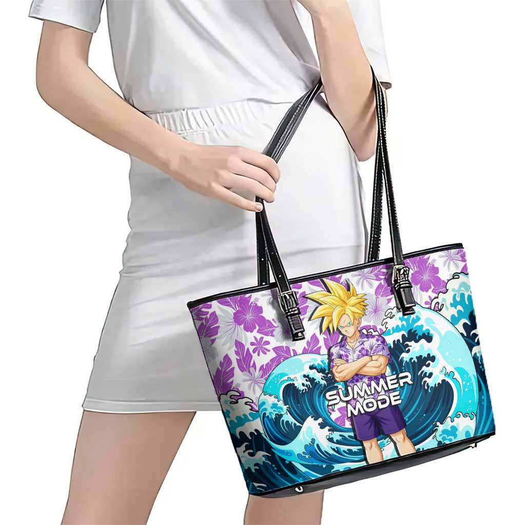 Gohan Dragon Ball Summer Theme Leather Tote Bag with Tropical Floral Shirt Shenron and Ocean Wave Background - The Mazicc