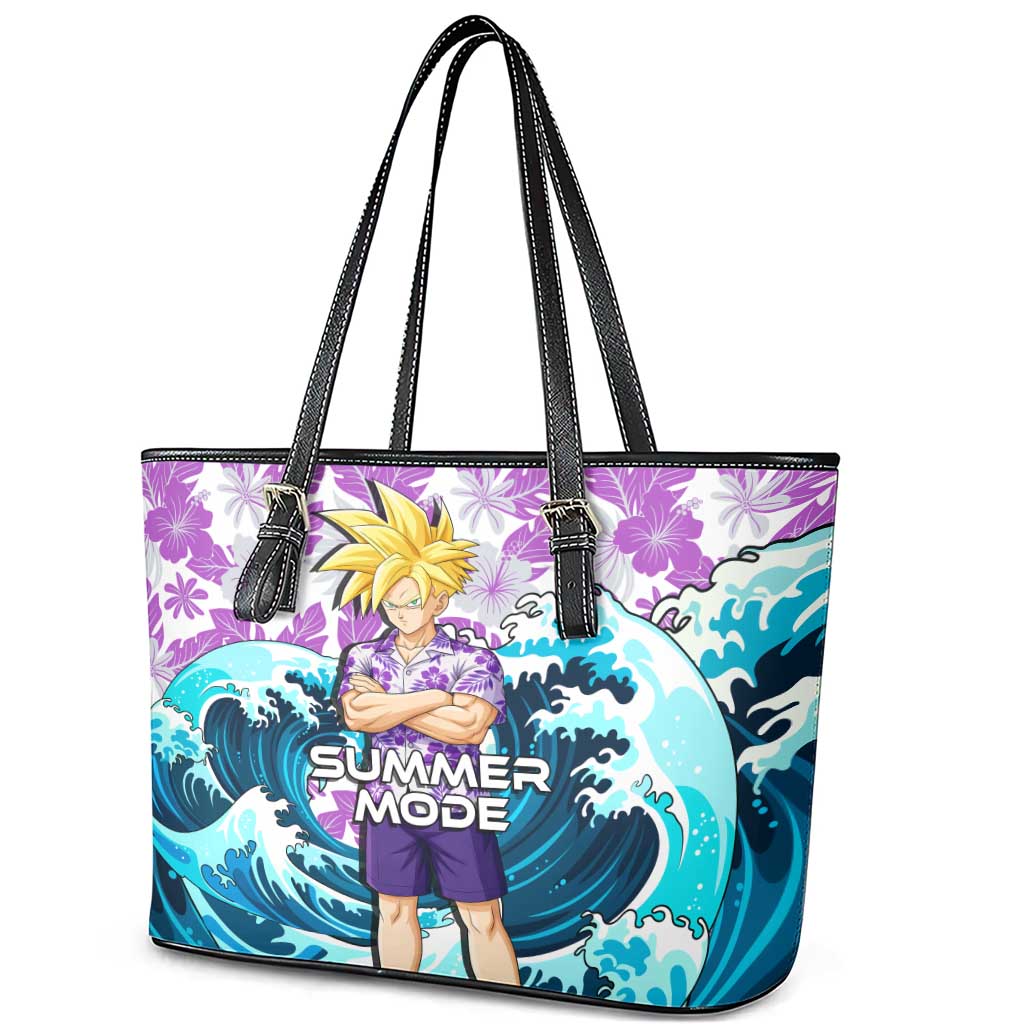 Gohan Dragon Ball Summer Theme Leather Tote Bag with Tropical Floral Shirt Shenron and Ocean Wave Background - The Mazicc