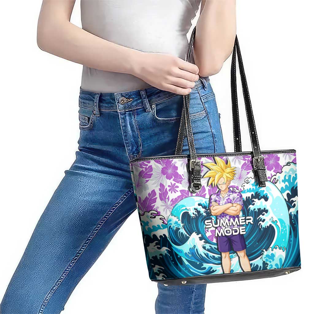 Gohan Dragon Ball Summer Theme Leather Tote Bag with Tropical Floral Shirt Shenron and Ocean Wave Background - The Mazicc