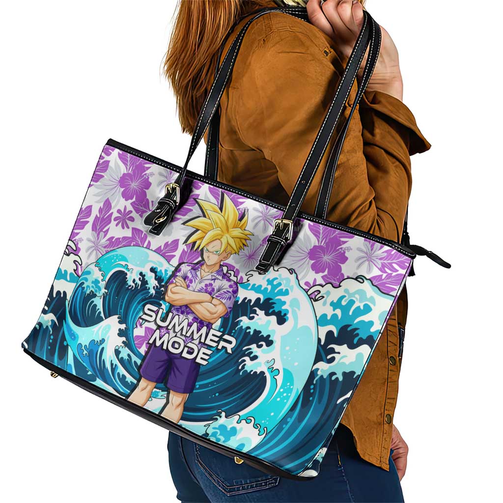 Gohan Dragon Ball Summer Theme Leather Tote Bag with Tropical Floral Shirt Shenron and Ocean Wave Background - The Mazicc