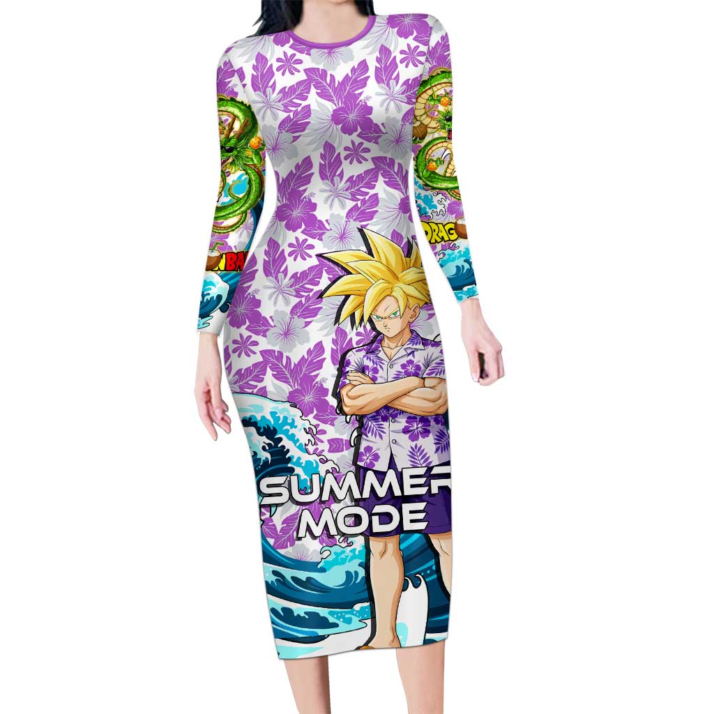 Gohan Dragon Ball Summer Theme Long Sleeve Bodycon Dress with Tropical Floral Shirt Shenron and Ocean Wave Background - The Mazicc