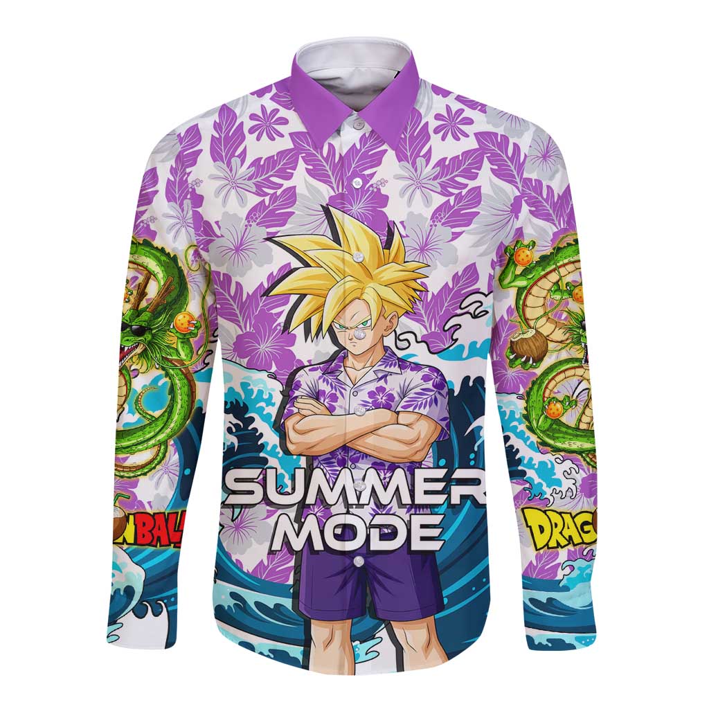 Gohan Dragon Ball Summer Theme Long Sleeve Button Shirt with Tropical Floral Shirt Shenron and Ocean Wave Background - The Mazicc