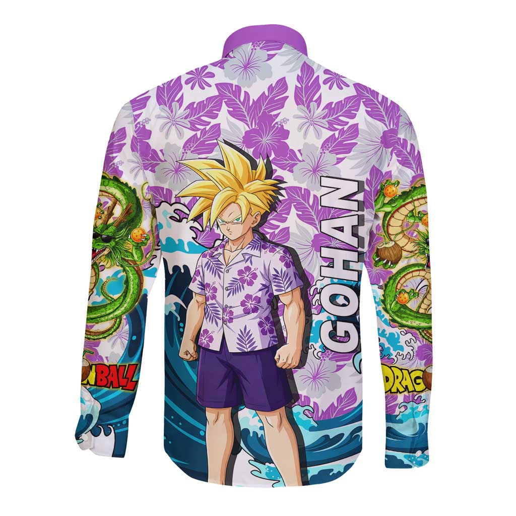Gohan Dragon Ball Summer Theme Long Sleeve Button Shirt with Tropical Floral Shirt Shenron and Ocean Wave Background - The Mazicc