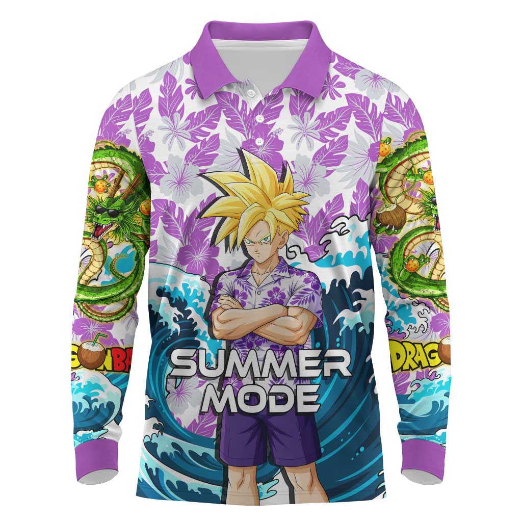 Gohan Dragon Ball Summer Theme Long Sleeve Polo Shirt with Tropical Floral Shirt Shenron and Ocean Wave Background - The Mazicc