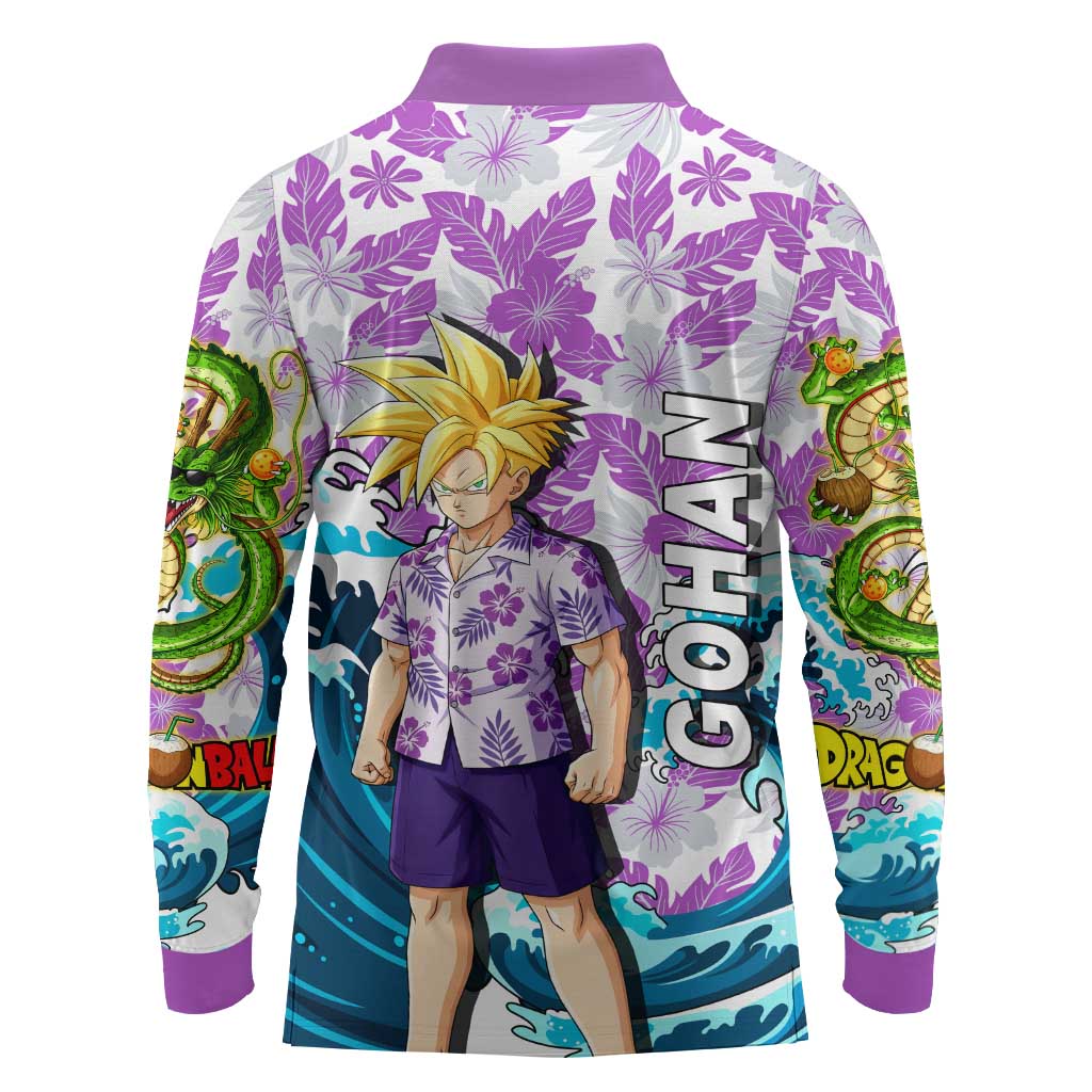 Gohan Dragon Ball Summer Theme Long Sleeve Polo Shirt with Tropical Floral Shirt Shenron and Ocean Wave Background - The Mazicc