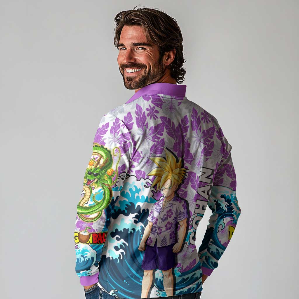 Gohan Dragon Ball Summer Theme Long Sleeve Polo Shirt with Tropical Floral Shirt Shenron and Ocean Wave Background - The Mazicc