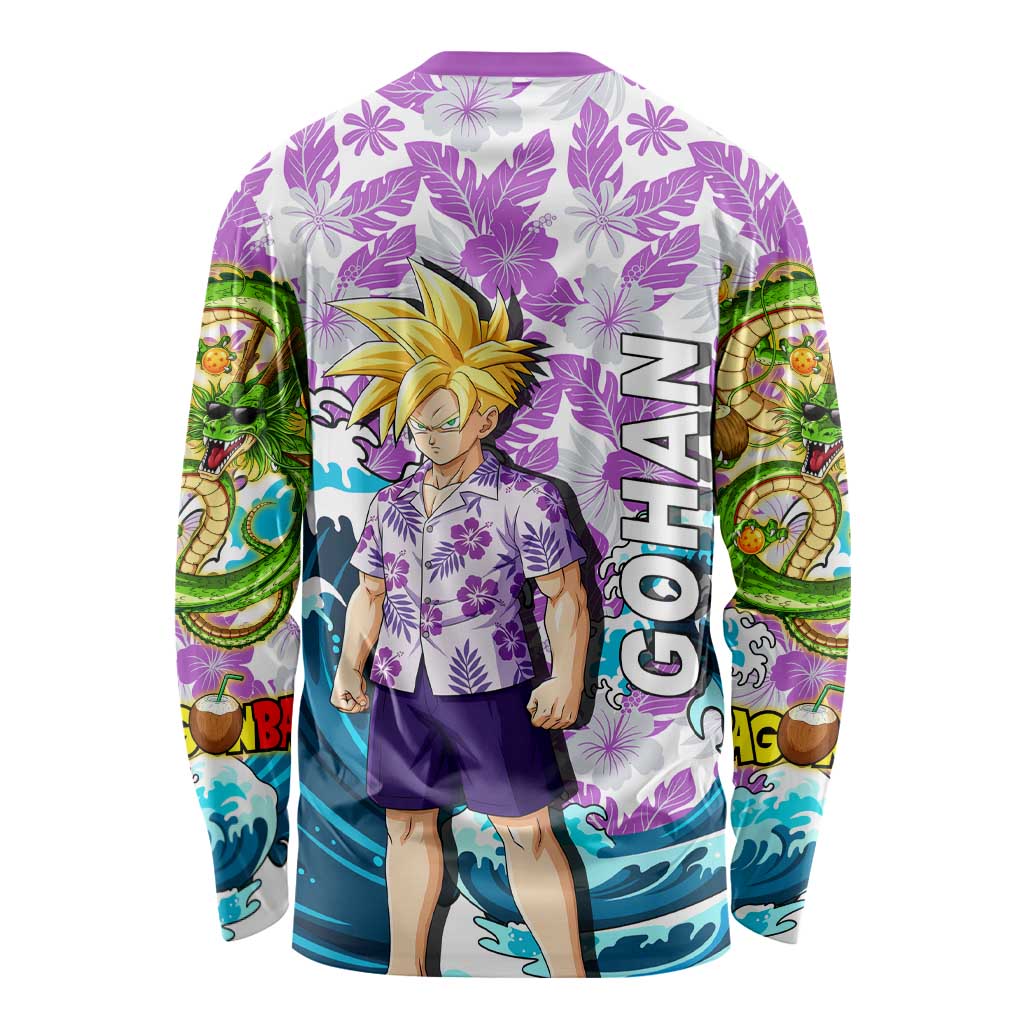 Gohan Dragon Ball Summer Theme Long Sleeve Shirt with Tropical Floral Shirt Shenron and Ocean Wave Background - The Mazicc