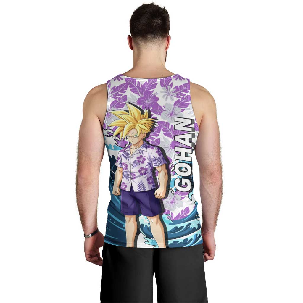 Gohan Dragon Ball Summer Theme Men Tank Top with Tropical Floral Shirt Shenron and Ocean Wave Background - The Mazicc