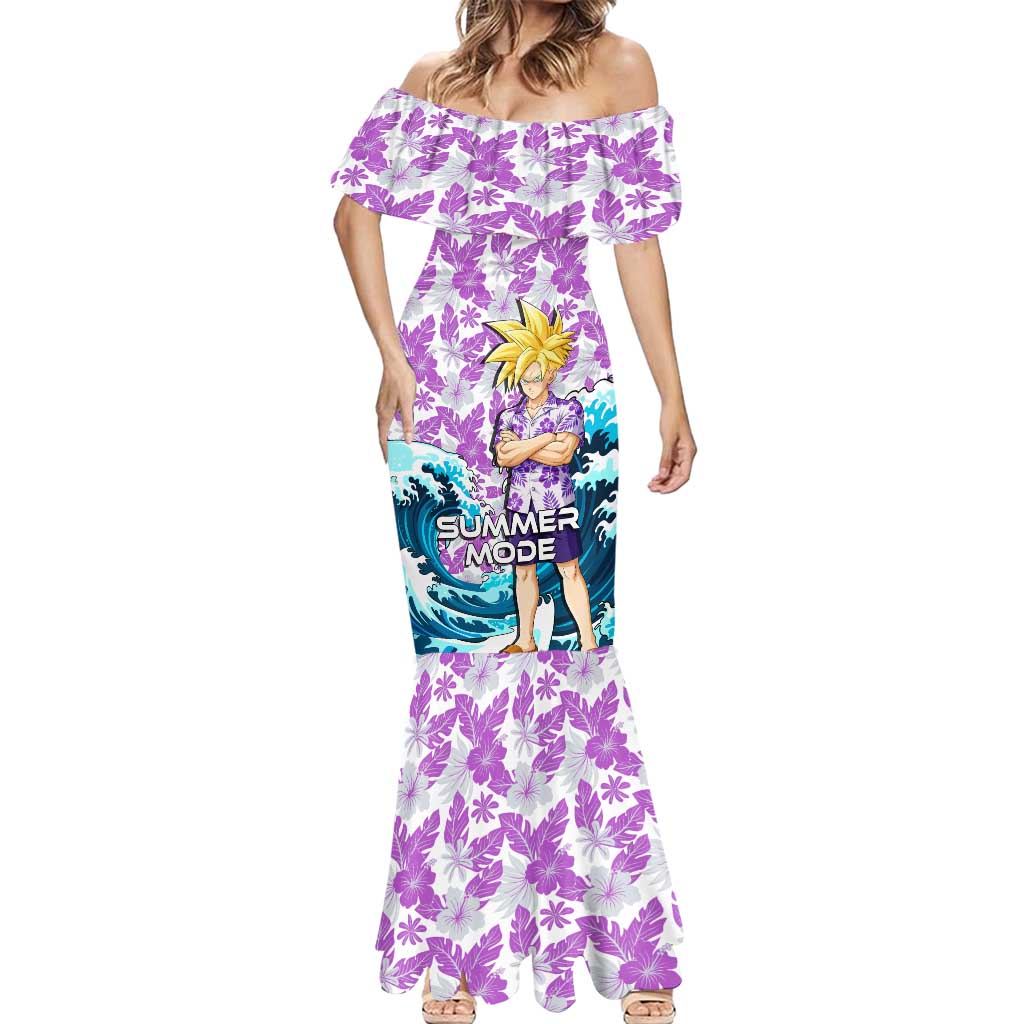 Gohan Dragon Ball Summer Theme Mermaid Dress with Tropical Floral Shirt Shenron and Ocean Wave Background - The Mazicc
