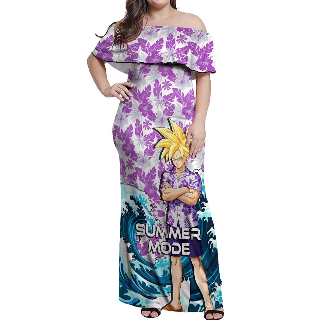 Gohan Dragon Ball Summer Theme Off Shoulder Maxi Dress with Tropical Floral Shirt Shenron and Ocean Wave Background - The Mazicc