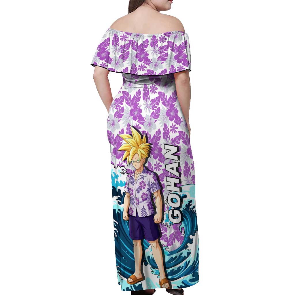 Gohan Dragon Ball Summer Theme Off Shoulder Maxi Dress with Tropical Floral Shirt Shenron and Ocean Wave Background - The Mazicc