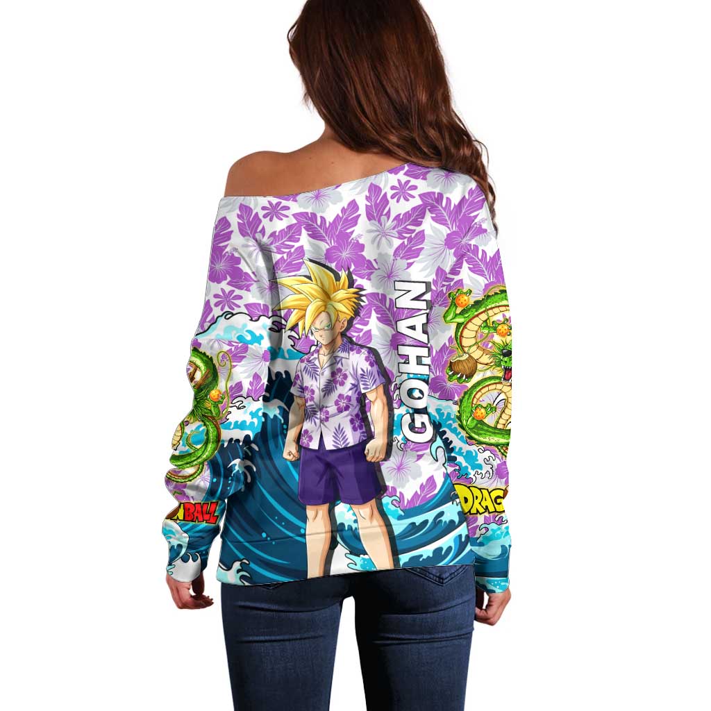 Gohan Dragon Ball Summer Theme Off Shoulder Sweater with Tropical Floral Shirt Shenron and Ocean Wave Background - The Mazicc