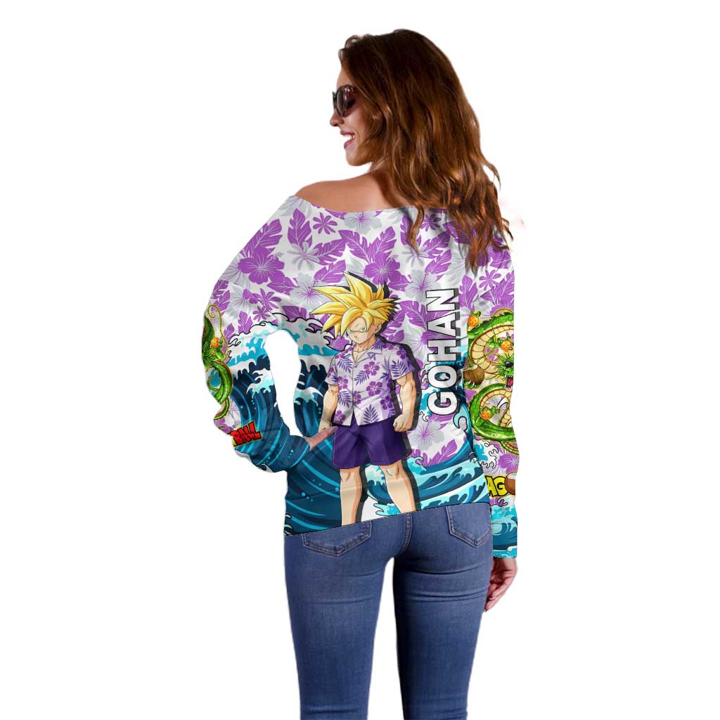 Gohan Dragon Ball Summer Theme Off Shoulder Sweater with Tropical Floral Shirt Shenron and Ocean Wave Background - The Mazicc