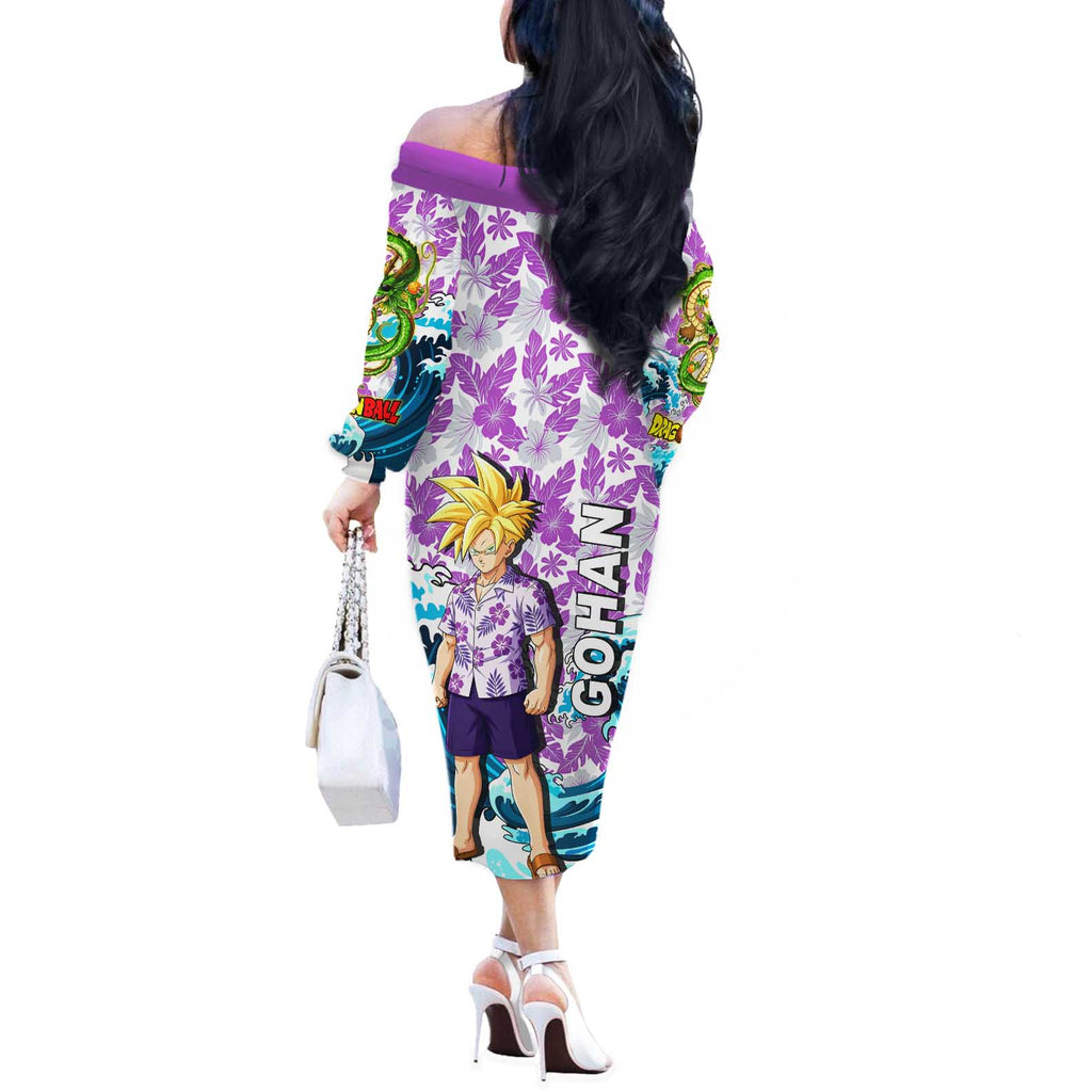 Gohan Dragon Ball Summer Theme Off The Shoulder Long Sleeve Dress with Tropical Floral Shirt Shenron and Ocean Wave Background - The Mazicc