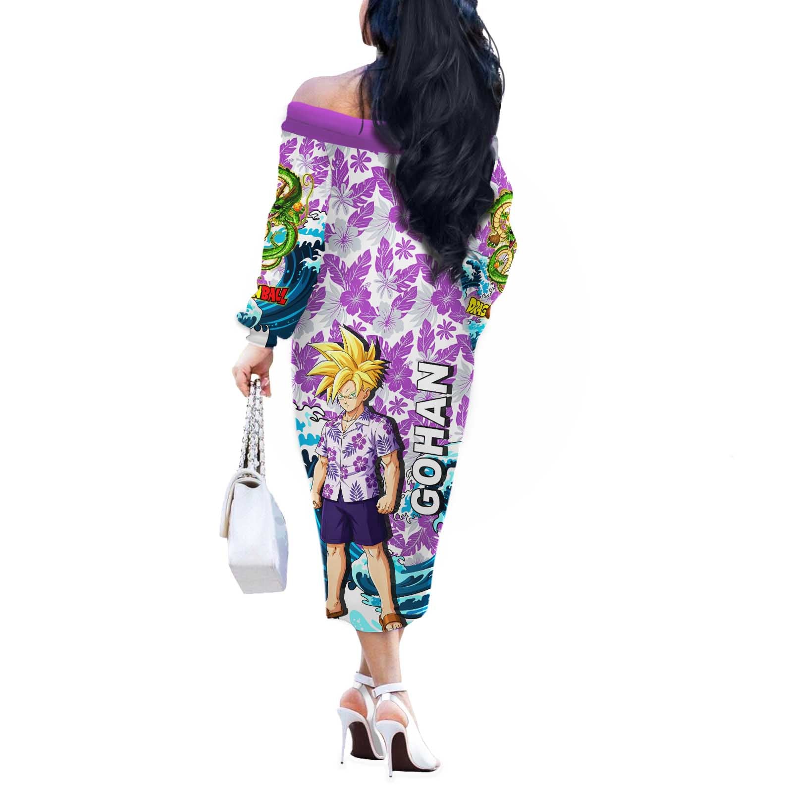 Gohan Dragon Ball Summer Theme Off The Shoulder Long Sleeve Dress with Tropical Floral Shirt Shenron and Ocean Wave Background - The Mazicc