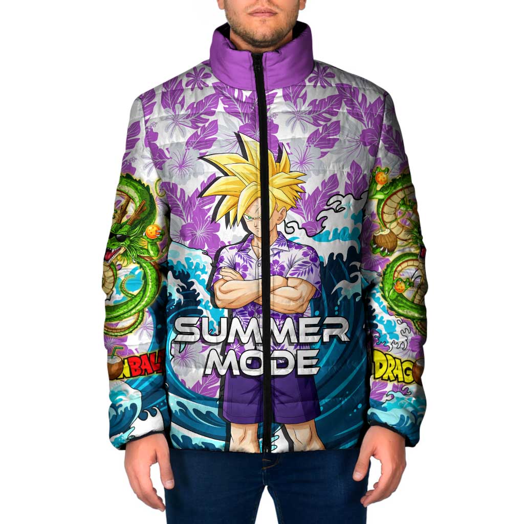 Gohan Dragon Ball Summer Theme Padded Jacket with Tropical Floral Shirt Shenron and Ocean Wave Background - The Mazicc