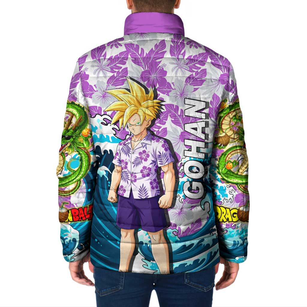 Gohan Dragon Ball Summer Theme Padded Jacket with Tropical Floral Shirt Shenron and Ocean Wave Background - The Mazicc