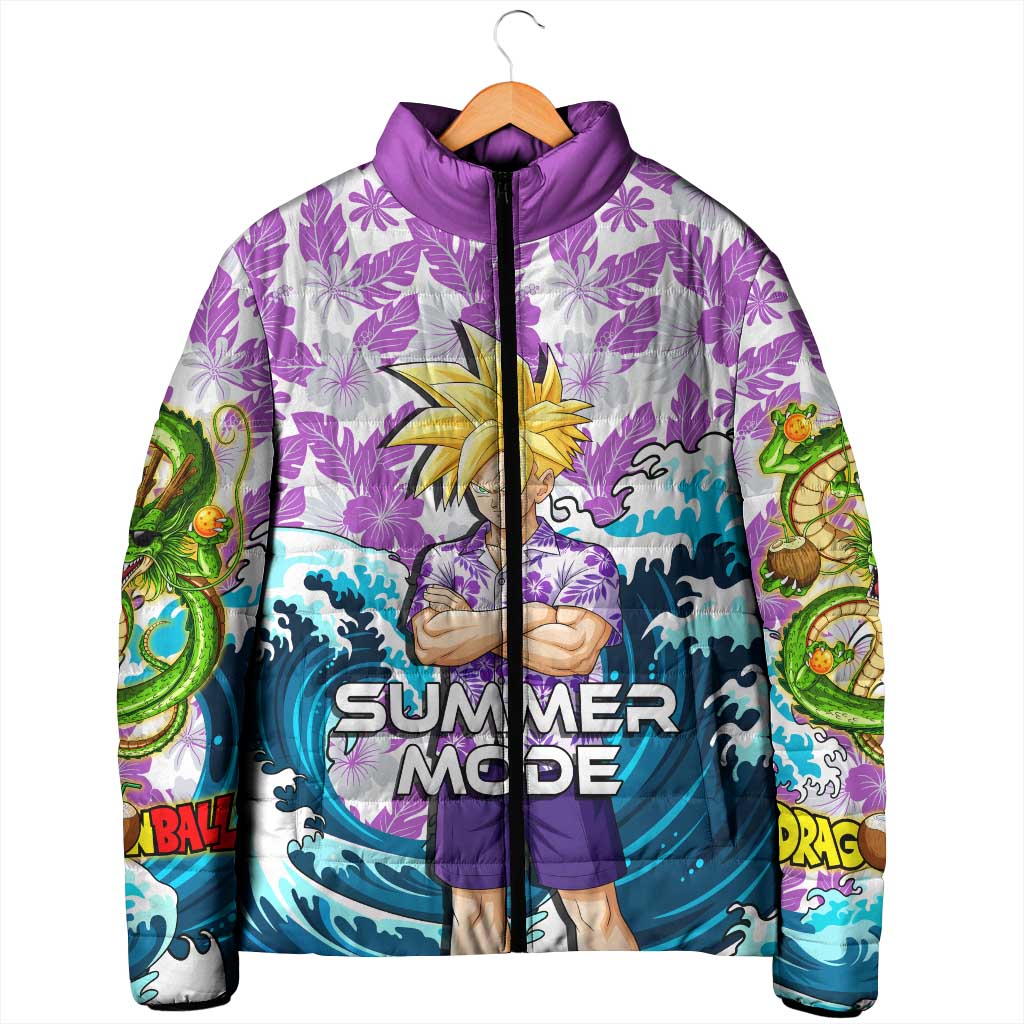 Gohan Dragon Ball Summer Theme Padded Jacket with Tropical Floral Shirt Shenron and Ocean Wave Background - The Mazicc