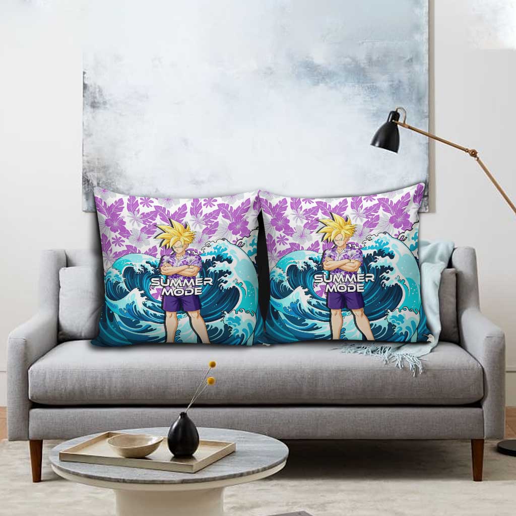 Gohan Dragon Ball Summer Theme Pillow Cover with Tropical Floral Shirt Shenron and Ocean Wave Background - The Mazicc