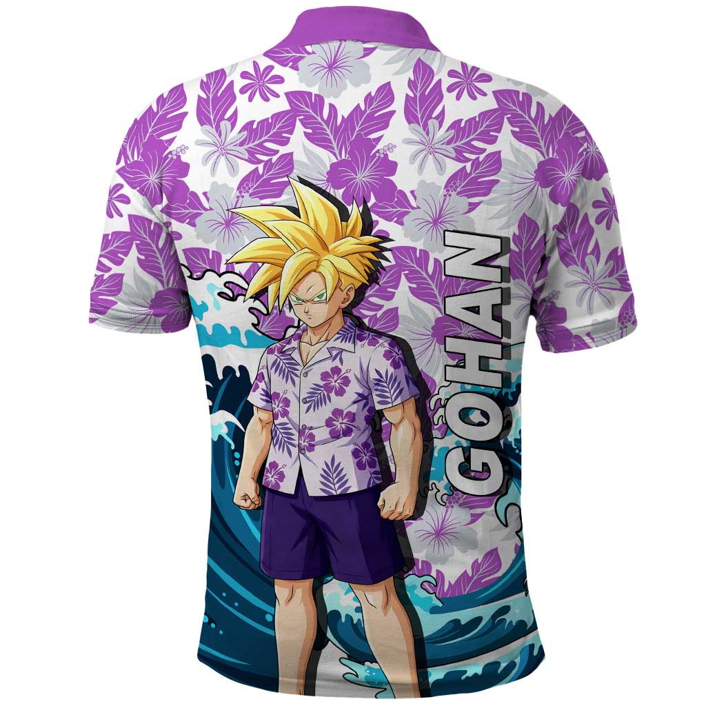 Gohan Dragon Ball Summer Theme Polo Shirt with Tropical Floral Shirt Shenron and Ocean Wave Background - The Mazicc
