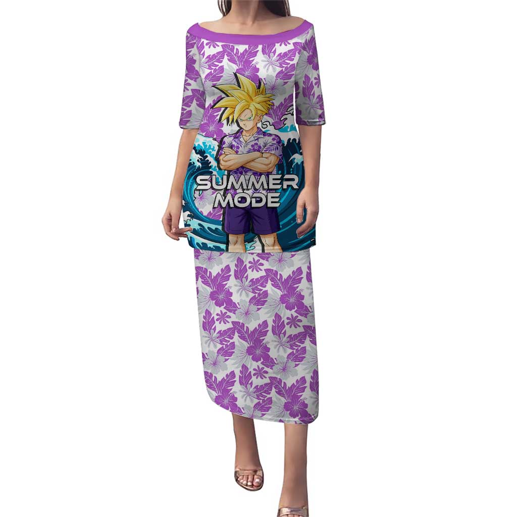 Gohan Dragon Ball Summer Theme Puletasi with Tropical Floral Shirt Shenron and Ocean Wave Background - The Mazicc