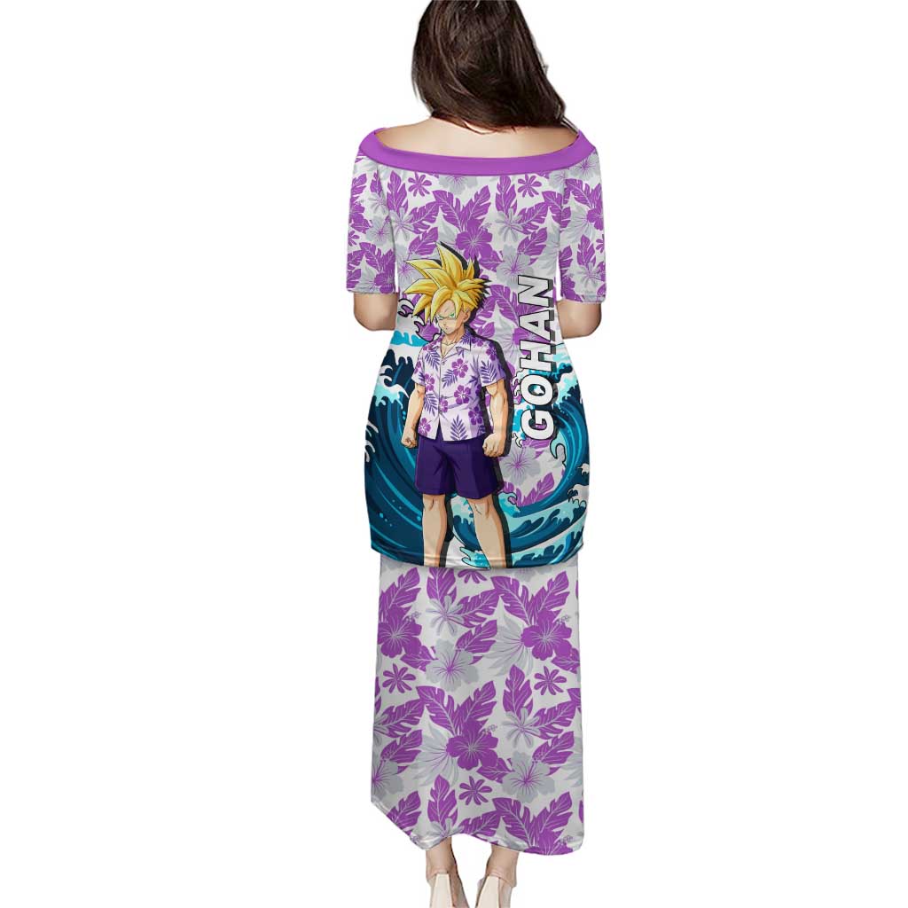 Gohan Dragon Ball Summer Theme Puletasi with Tropical Floral Shirt Shenron and Ocean Wave Background - The Mazicc