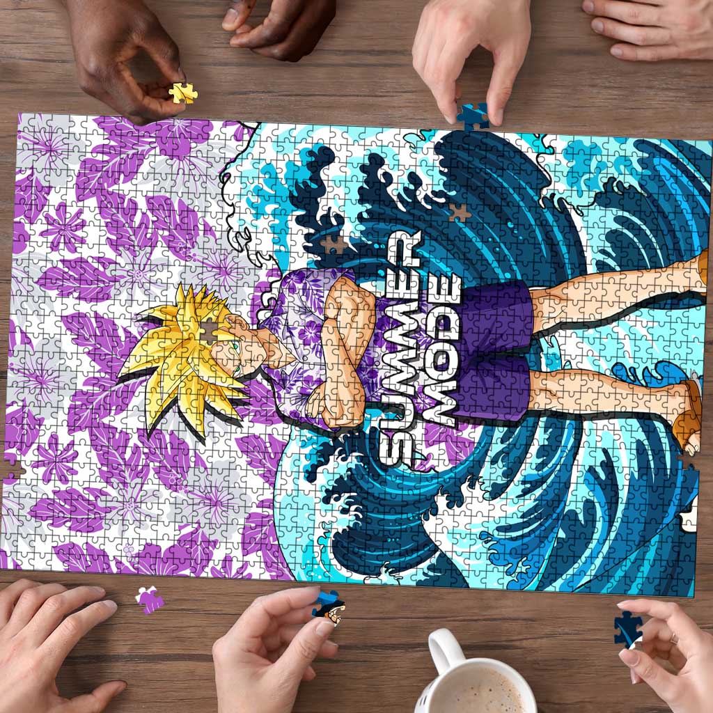 Gohan Dragon Ball Summer Theme Puzzle with Tropical Floral Shirt Shenron and Ocean Wave Background - The Mazicc