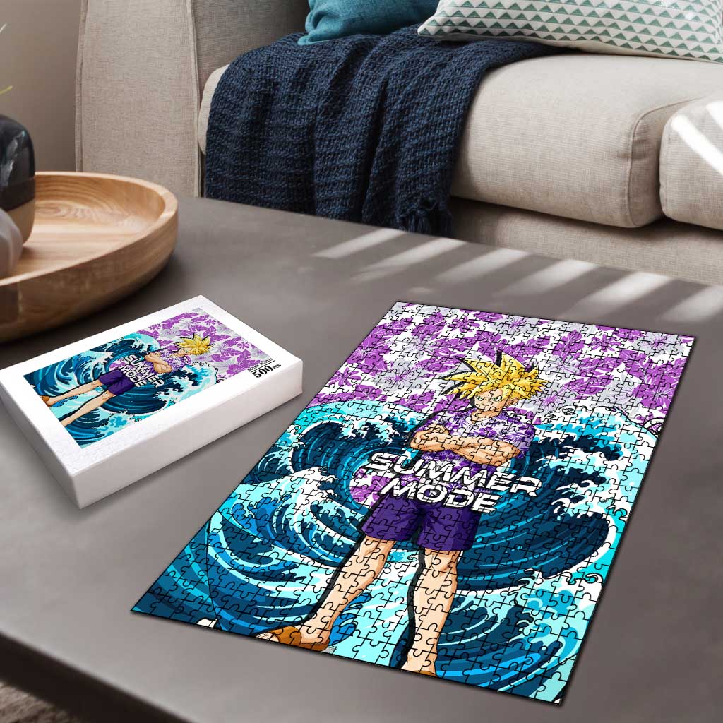Gohan Dragon Ball Summer Theme Puzzle with Tropical Floral Shirt Shenron and Ocean Wave Background - The Mazicc