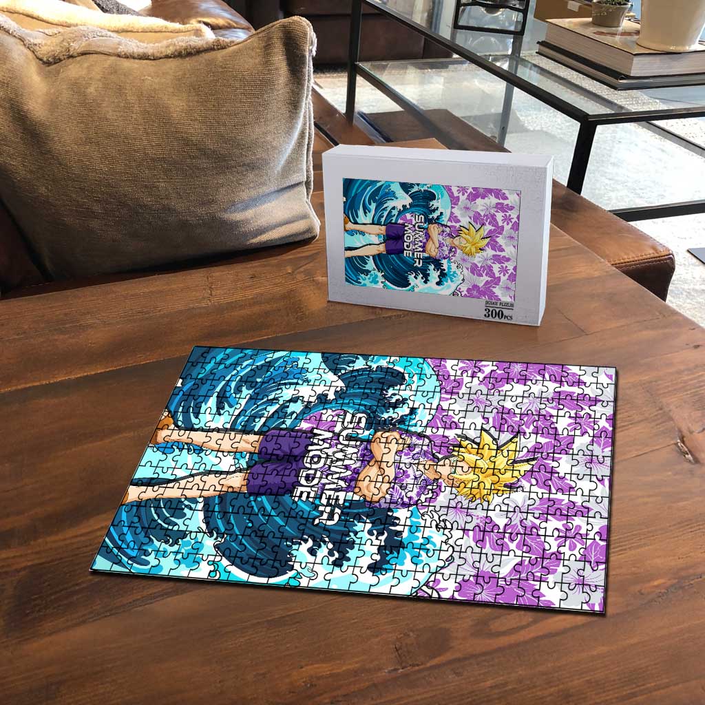 Gohan Dragon Ball Summer Theme Puzzle with Tropical Floral Shirt Shenron and Ocean Wave Background - The Mazicc