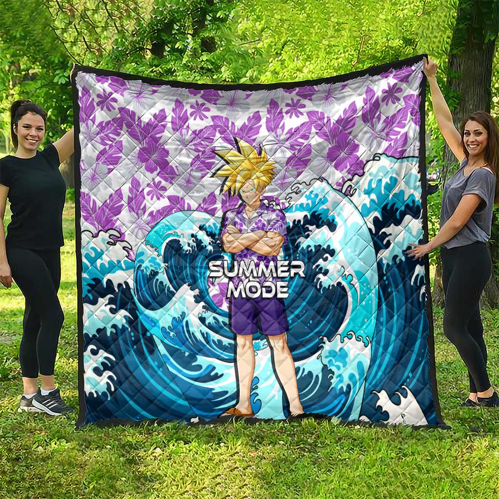 Gohan Dragon Ball Summer Theme Quilt with Tropical Floral Shirt Shenron and Ocean Wave Background - The Mazicc
