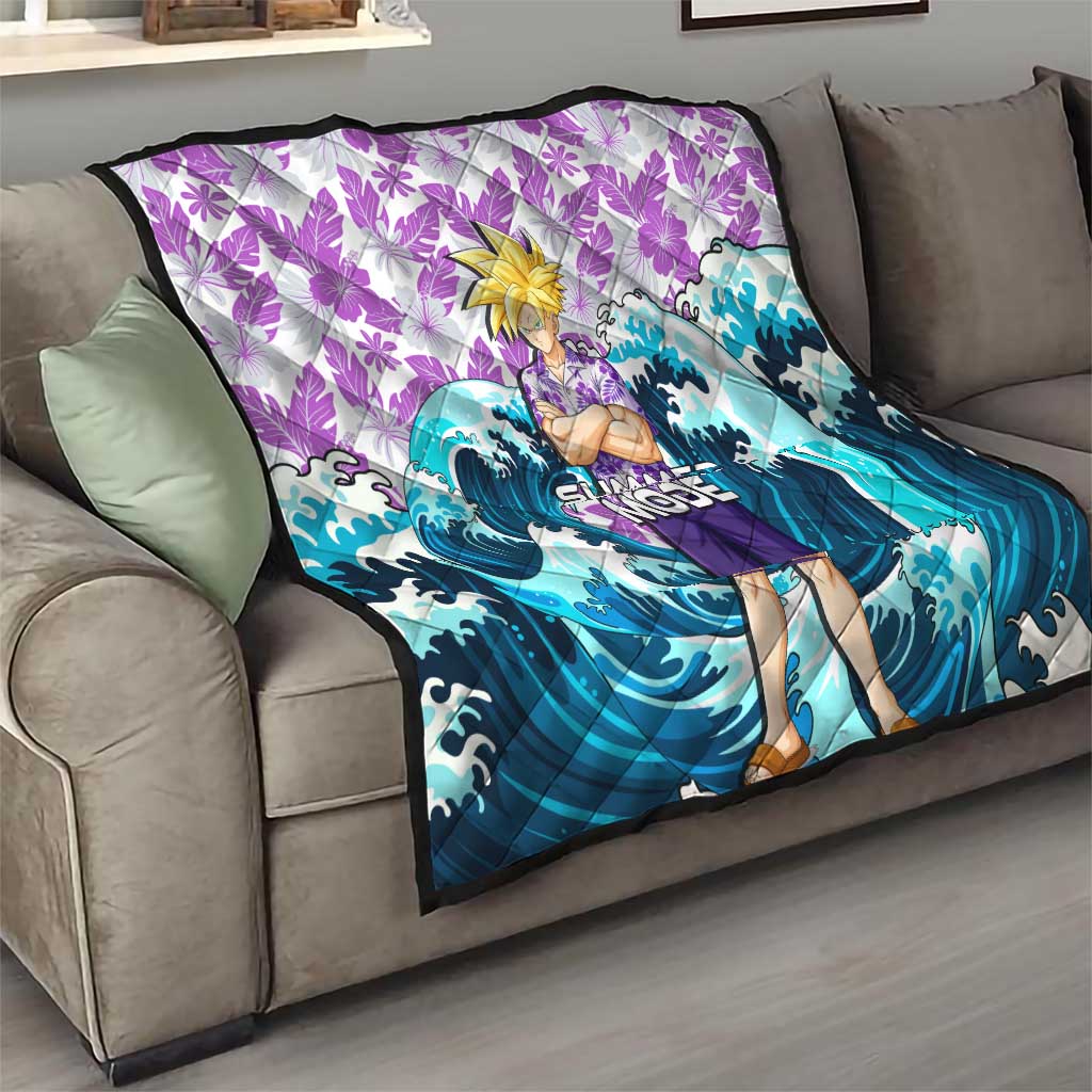 Gohan Dragon Ball Summer Theme Quilt with Tropical Floral Shirt Shenron and Ocean Wave Background - The Mazicc
