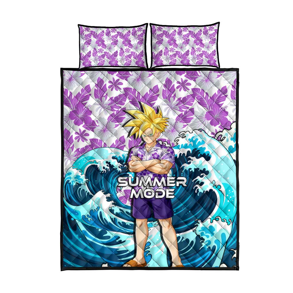 Gohan Dragon Ball Summer Theme Quilt Bed Set with Tropical Floral Shirt Shenron and Ocean Wave Background - The Mazicc