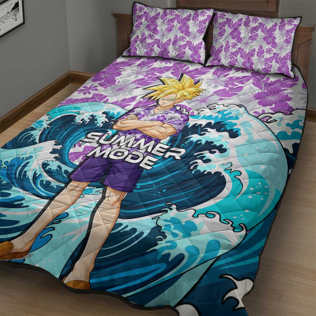 Gohan Dragon Ball Summer Theme Quilt Bed Set with Tropical Floral Shirt Shenron and Ocean Wave Background - The Mazicc