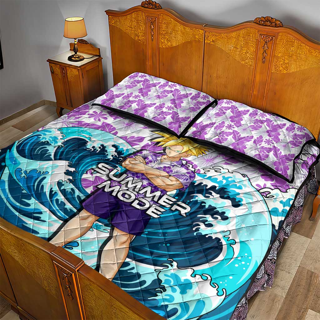 Gohan Dragon Ball Summer Theme Quilt Bed Set with Tropical Floral Shirt Shenron and Ocean Wave Background - The Mazicc