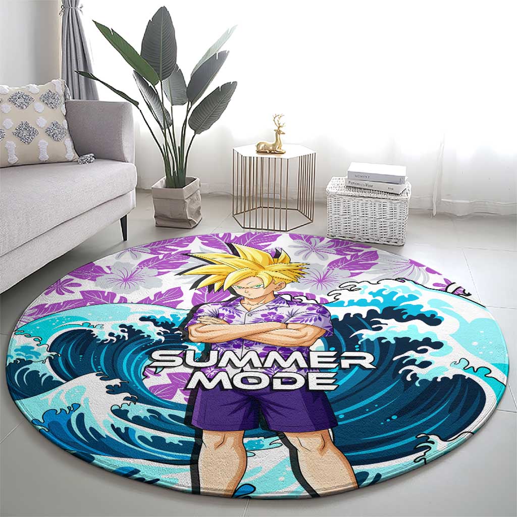 Gohan Dragon Ball Summer Theme Round Carpet with Tropical Floral Shirt Shenron and Ocean Wave Background - The Mazicc