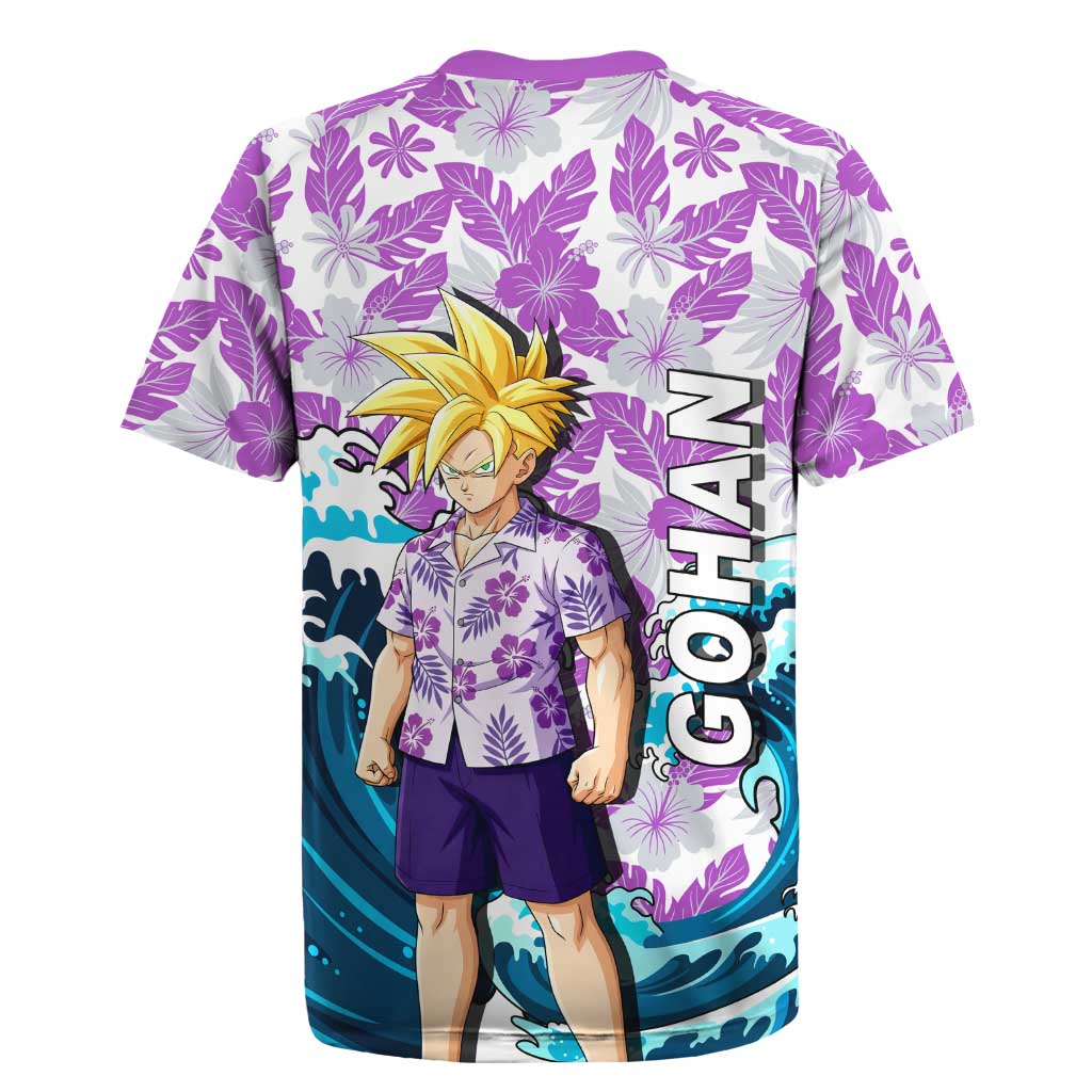 Gohan Dragon Ball Summer Theme Rugby Jersey with Tropical Floral Shirt Shenron and Ocean Wave Background - The Mazicc