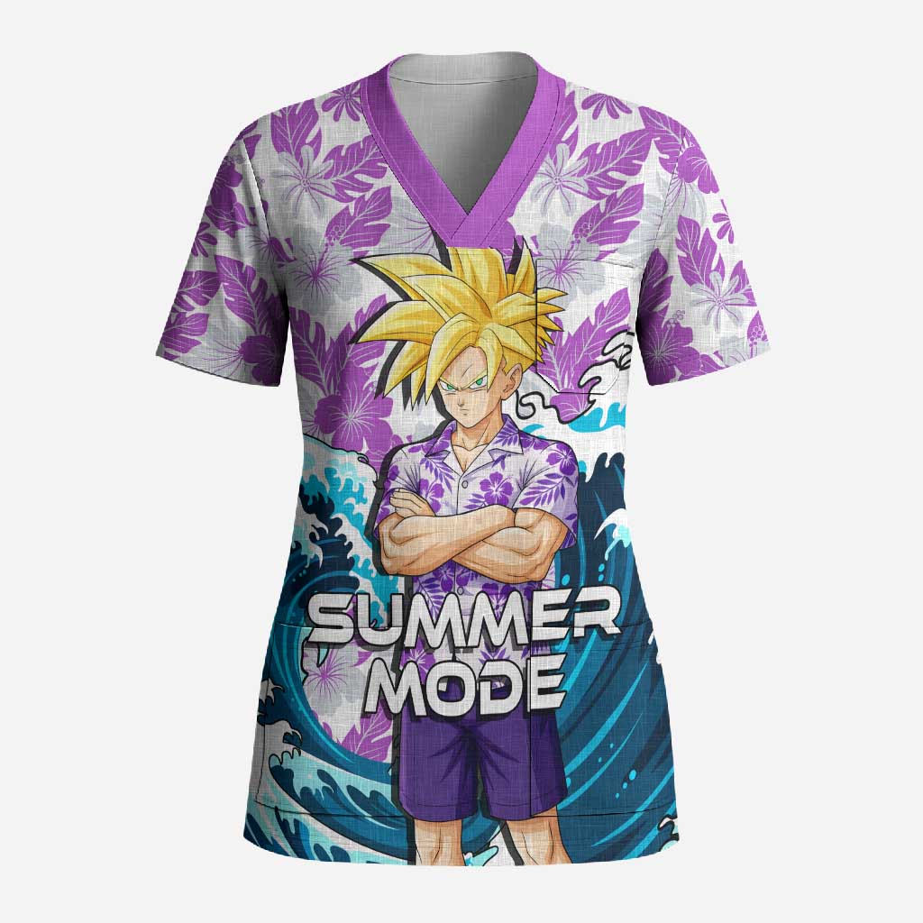 Gohan Dragon Ball Summer Theme Scrub Top with Tropical Floral Shirt Shenron and Ocean Wave Background - The Mazicc