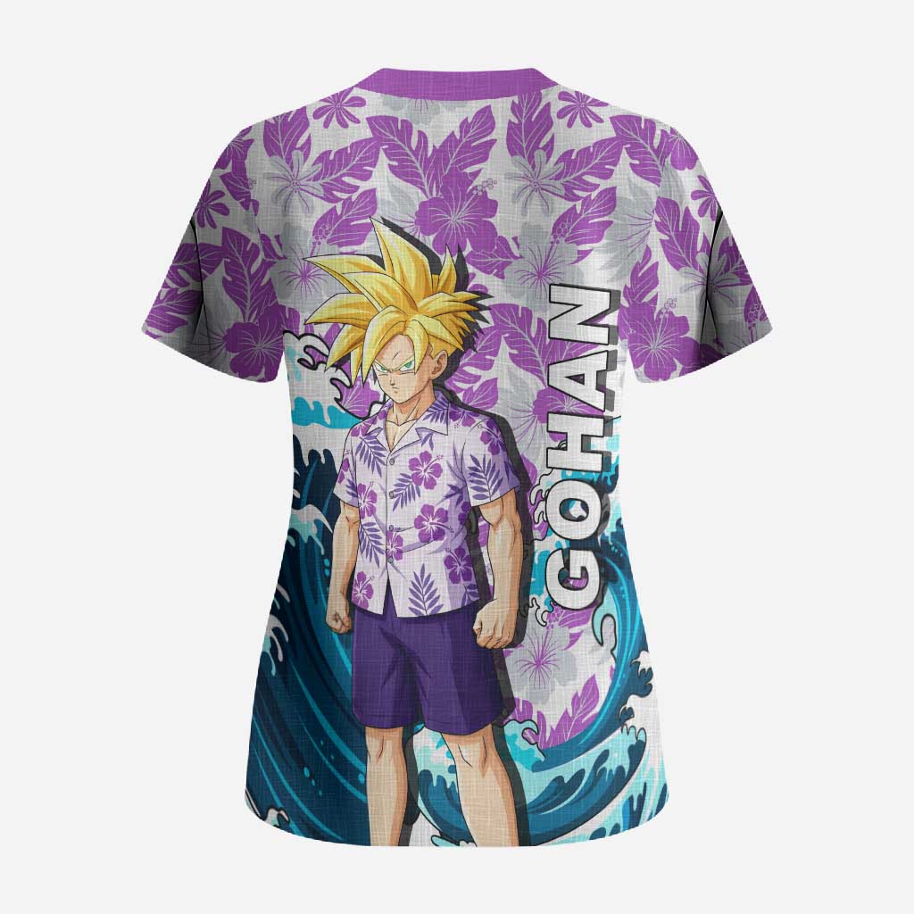 Gohan Dragon Ball Summer Theme Scrub Top with Tropical Floral Shirt Shenron and Ocean Wave Background - The Mazicc
